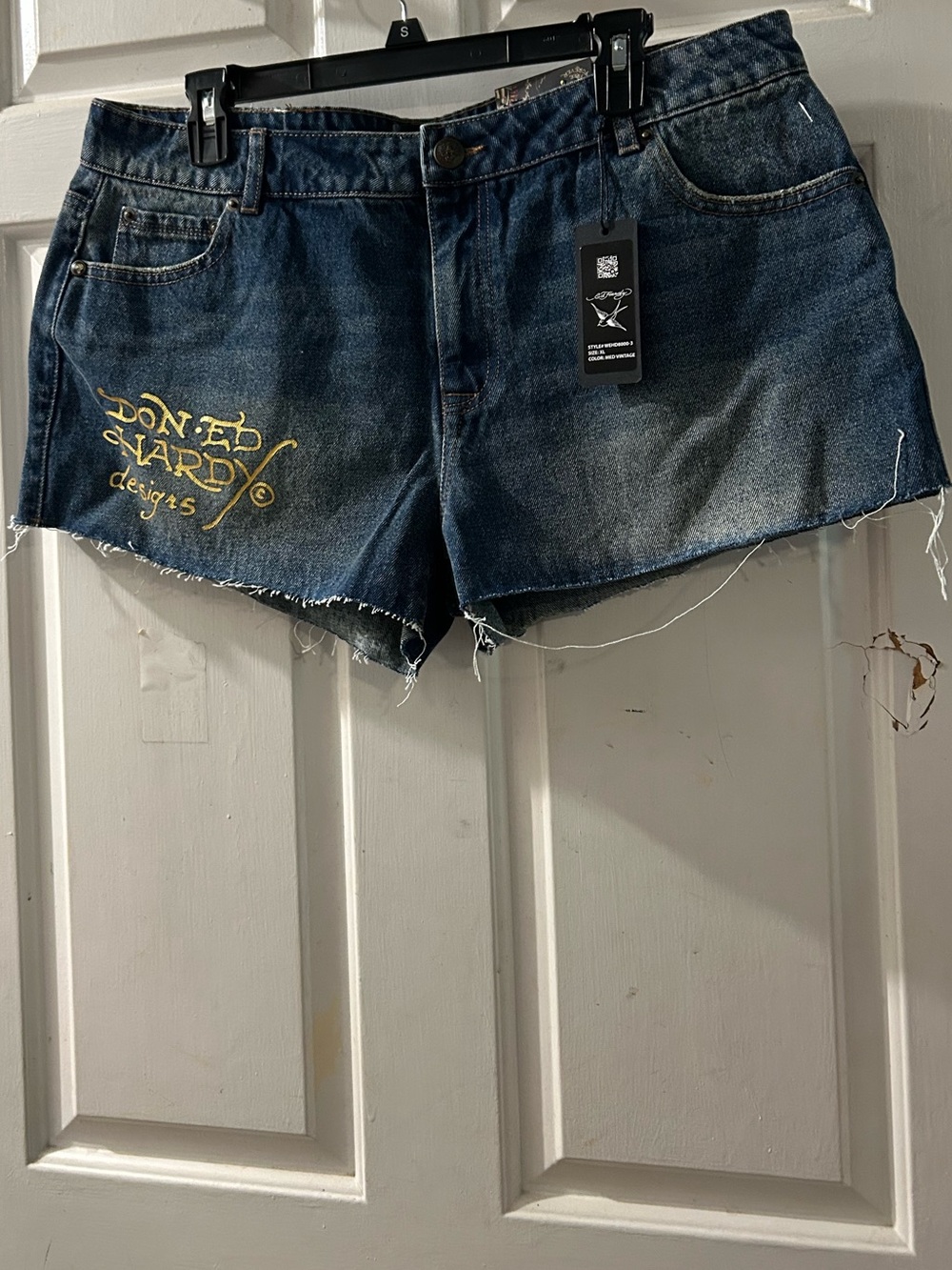 Ed Hardy Blue Denim Cutoff Shorts with Yellow Embroidered Logo